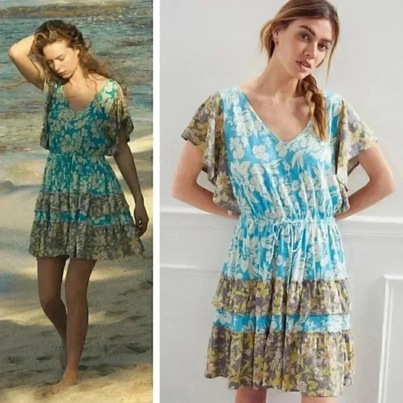 Anthropologie Daily Practice Tiered Ruffle Mini Dress Turquoise Floral Bohemian - Picture 1 of 8